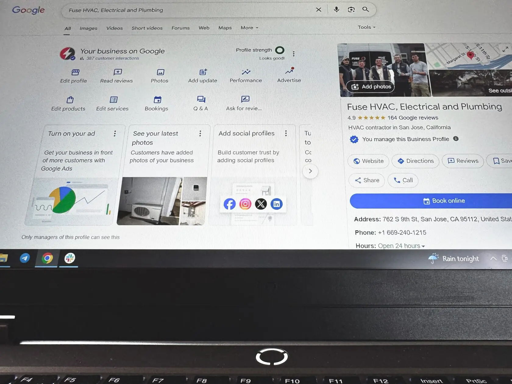 business profile shown on the screen